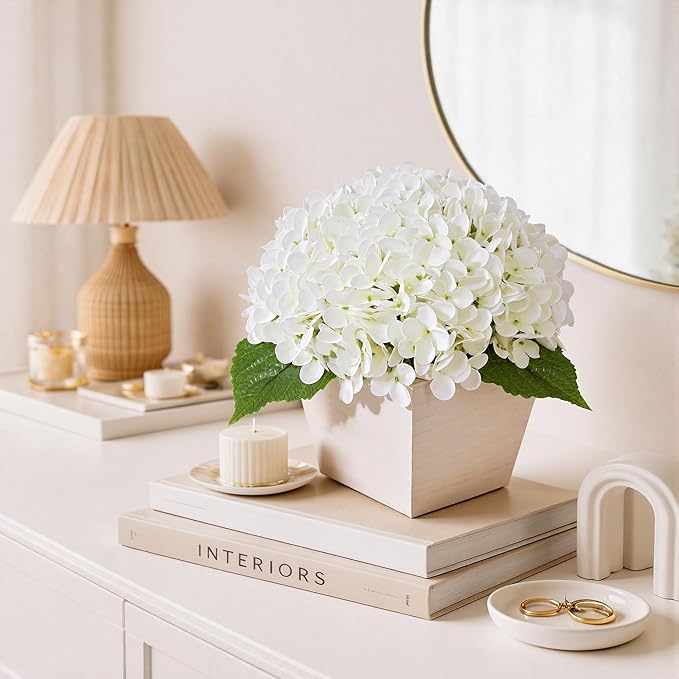 Artificial Hydrangea Flowers Arrangement in Wood Planter, 4PCS Fake White Flowers in Wooden Vase Potted Floral Centerpieces for Tables Living Room Home Office Room Shelf Kitchen Decor