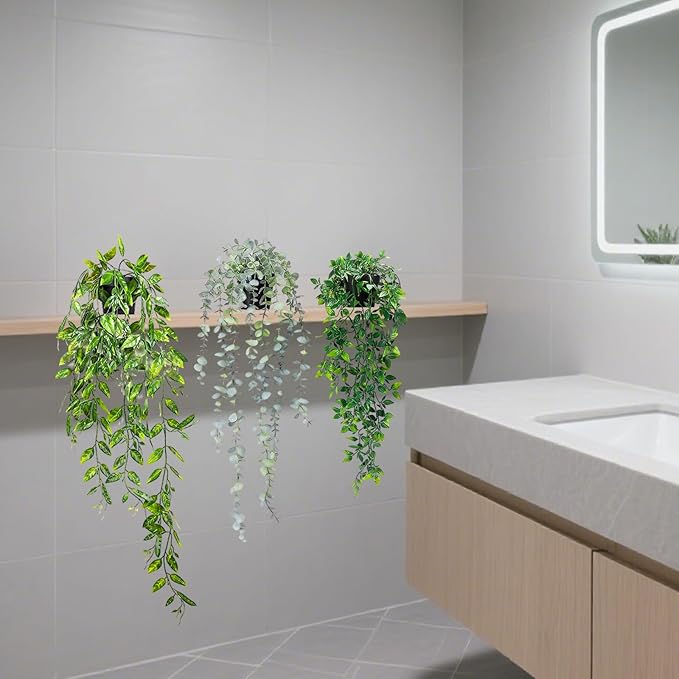 Fake Hanging Plants, 3pcs Artificial Small Potted Plants Fake Potted Greenery Faux Eucalyptus Mandala Vine Pea Pod for Home Indoor Outdoor Wall Garden Wedding Decoration