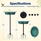 VIVOHOME Oval Bird Bath with Solar Fountain for Outside, Weather-Resistant ABS Birdbath Bowl with Solar Powered Pump, Metal Ground Stake for Outdoor, Garden, 1.3 Gallons, Green