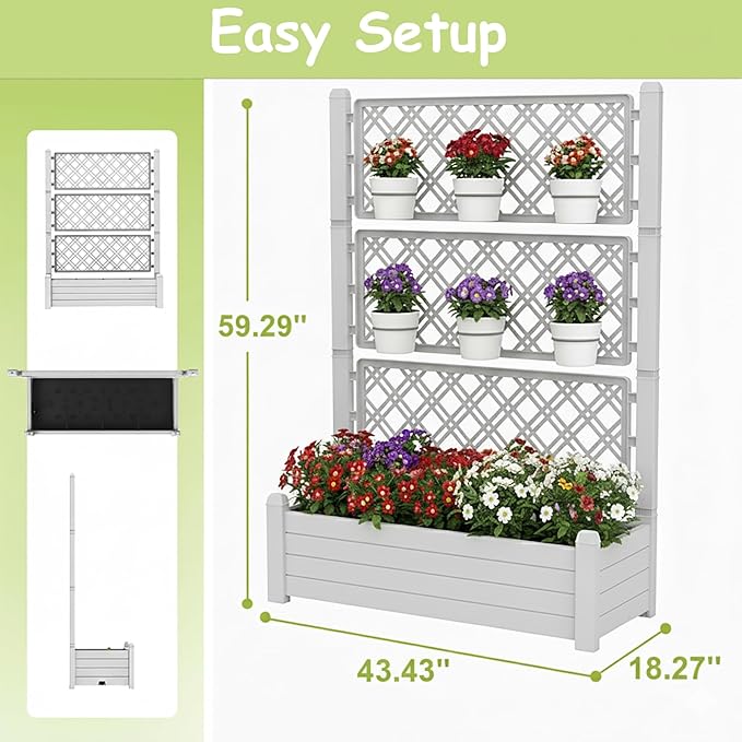 5' Tall Raised Garden Bed with Trellis, Self Watering Planter Box for Outdoor Climbing Plants Resin Garden Lattice for Vegetables, Flowers, Tomato & Vine with Drainage Holes (Ashen, 2 Pack)
