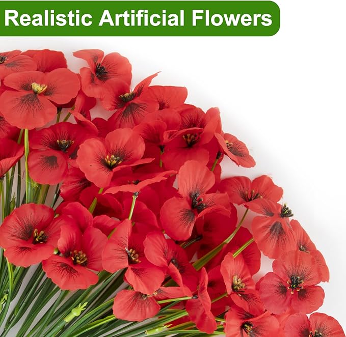 ZAIYW 18 Bundles Artificial Flowers Outdoor Fake Flowers Pansies Faux Artificial Plants for Planter Porch Yard Home Decor (Red)