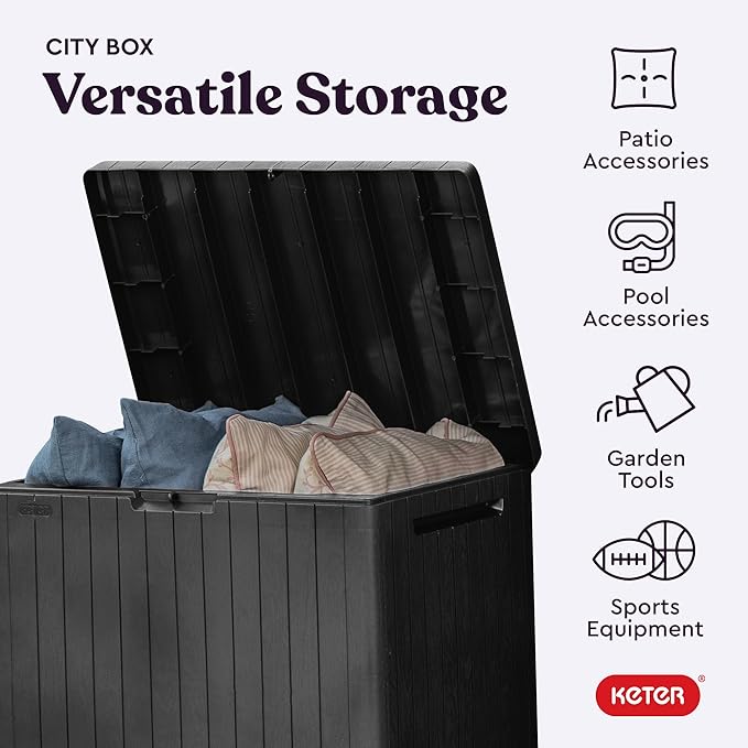 Keter City 30 Gallon Resin Outdoor Storage Box and Patio Furniture Side Table for Pool and Garden Accessories, Dark Grey