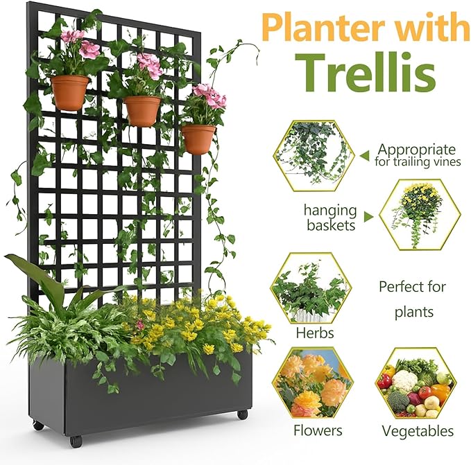 IDEALHOUSE Metal Planter Box with Trellis, 72"x35"x15.7" Galvanized Raised Garden Bed on Wheels with Drainage Holes, Outdoor Planter for Climbing Plants Vines & Privacy Screen, Square Lattice