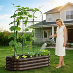 2 in 1 Galvanized Raised Garden Bed with 71" H Arch Trellis for Climbing Plants, Outdoor Gardening Planter Box with Climbing Net for Flowers Vegetables Fruits Herbs, Wood Grain