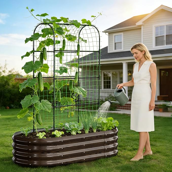 2 in 1 Galvanized Raised Garden Bed with 71" H Arch Trellis for Climbing Plants, Outdoor Gardening Planter Box with Climbing Net for Flowers Vegetables Fruits Herbs, Wood Grain