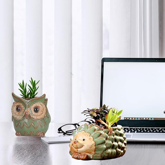DIYOMR Small Ceramic Planter Pot, 4.3" Vintage Bronze Animal Planters Ceramic Flowerpot Succulent Pots Cactus Pot (Owl)