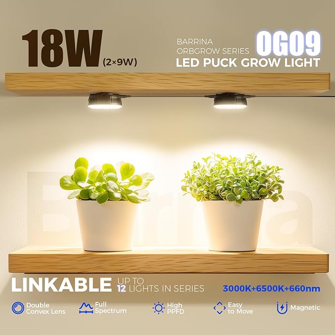 Barrina Orbgrow OG09 Puck LED Grow Light with 660nm Red LEDs, 18W(2 x 9W, 270 Watt Equiv), Plant Lights for Indoor Plants Full Spectrum, Magnetic & Linkable, Small Grow lamp, Seeding, 2 Packs, Black