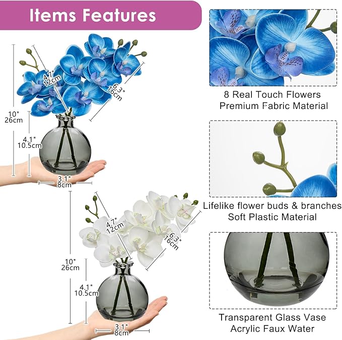 Oairse Blue and White Orchids Artificial Flowers Faux Orchid Arrangement with Black Glass Vase Set of 2 Real Touch Phalaenopsis Orchid Flowers Orchids Centerpiece for Dining Room Table