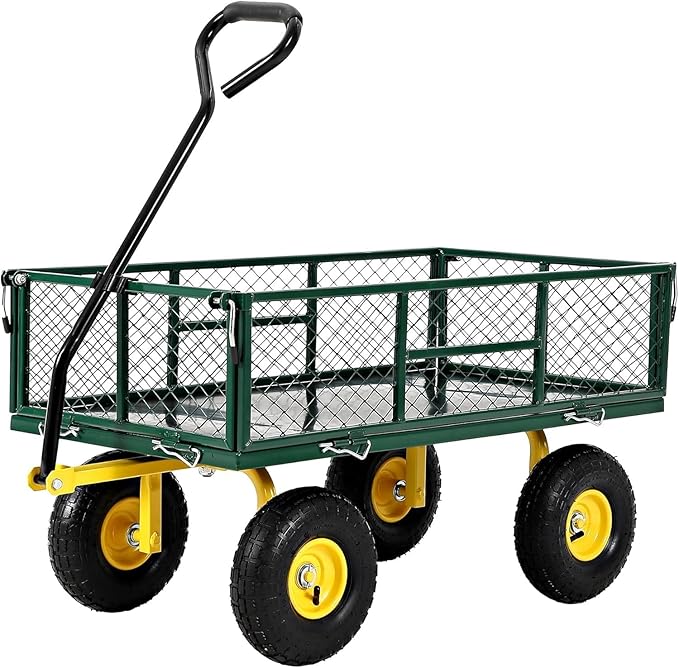 900 lbs Heavy Duty Steel Garden Cart, Garden Wagon Cart on Wheels, Outdoor Metal Yard Utility Wagon Carts with and Mesh Removable Sides and 180°Rotating Handle,Green