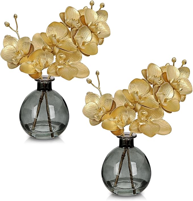 Oairse Gold Orchids Artificial Flowers Faux Orchid Arrangement with Black Glass Vase Set of 2 Real Touch Phalaenopsis Orchid Flowers Orchids Centerpiece for Dining Room Table