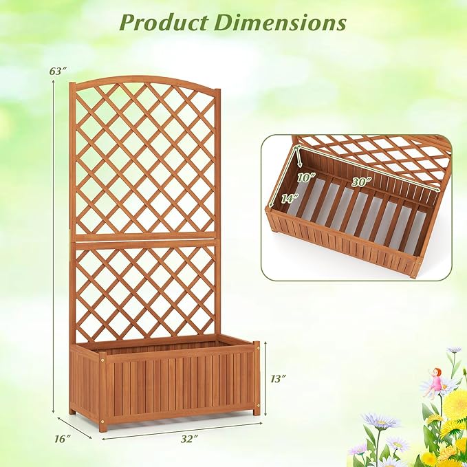 Giantex Solid Acacia Wood Planter Box with Trellis, 63" Set of 2 Raised Garden Bed with Trellis, Plant Box, Slat Base, Outdoor Privacy Planter for Vine Climbing Plants Flowers, Garden, Patio, Balcony
