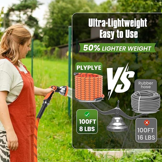 Flexible Garden Hose 100 ft, Non-Expanding Lightweight Water Hose, with 10 Pattern Sprayer, All Weather, Durable, Kink and Abrasion-Resistant, Leak-Free, Orange