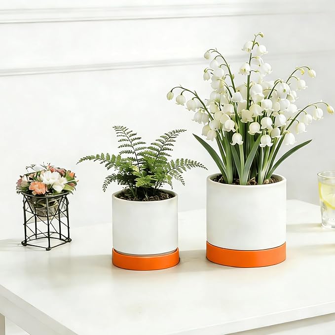 GreenShip Planter Set of 2 (10.3'' & 8.3'') – Dual-Use Self-Watering or Traditional Indoor Cylinder Flower Pots with Saucers & Side Drainage – Durable Lightweight Clay & Resin Blend (W/T)