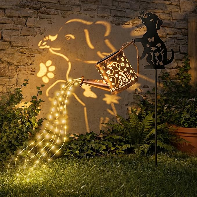 Solar Watering_Can with Light, Outdoor Garden Decoration, Featuring A Metal Dog Statue Garden Stake; Makes A Great Gift for Women, for Outdoor Landscaping, Lawns, and Pathway