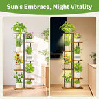 iDavosic.ly 6 Tier Tall Plant Stand Indoor with Light, Tiered Corner Metal Wood Multiple Flower Holder Shelf, 50 Inch Display Grow Rack for Living Room Bedroom, Modern Black & Rustic Brown