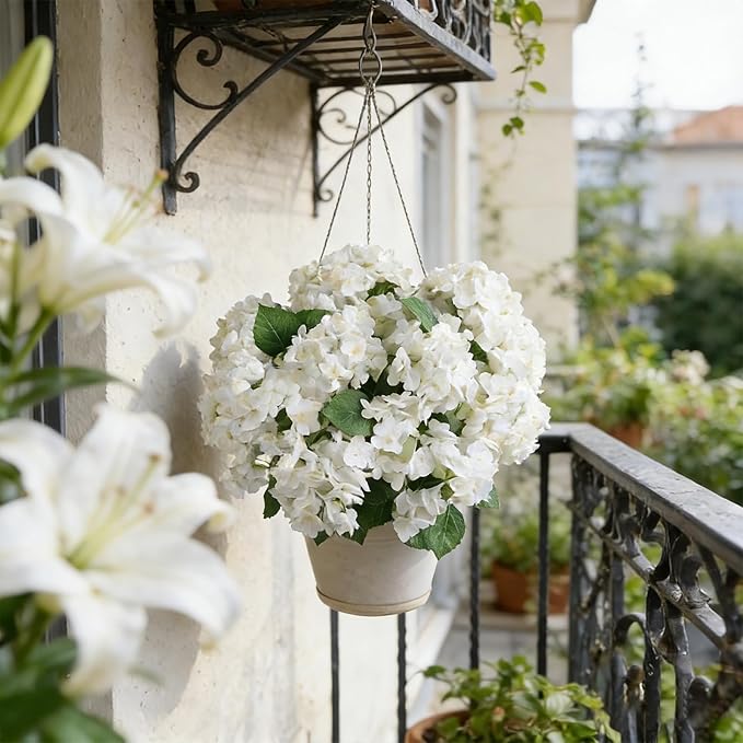 QIANYUN Artificial Topiary for Outdoors -20” Potted Plant Fake Hydrangea Bush-UV Resistant Artificial Outdoor Plants for Front Porch, Garden, Yard, Patio Decor (White)