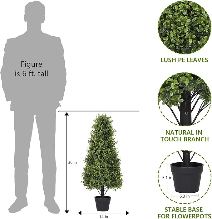 3ft Artificial Boxwood Topiary Trees (Set of 2) - UV Resistant Faux Plants Outdoor, Realistic 36" Fake Cone Bushes and Shrubs for Front Porch, Planter, Patio, Evergreen