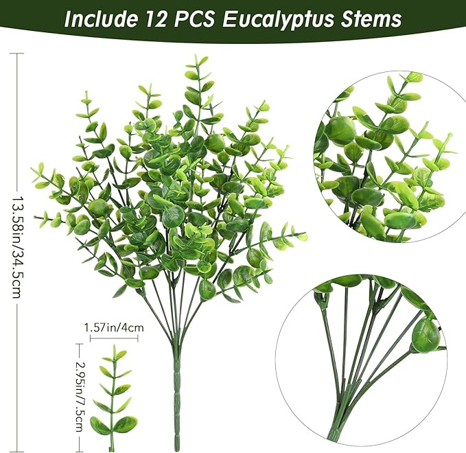 Artificial Greenery Eucalyptus Boxwood, UV Resistant Faux Outdoor Plants for Decoration, Realistic Fake Eucalyptus Leaves for Planter, Front Porch, Patio, Backyard Decor (12pcs)