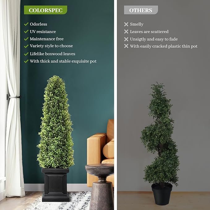 3.5ft Boxwood Outdoor Topiary Set of 2, Tall All Year Green Fake Plant Topiary Trees Artificial Outdoor Porch Trees with Sturdy Pot for Outdoor Indoor (Square)