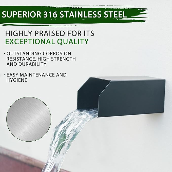 PONDO 4" Square Water Fountain Spout, 316 Stainless Steel Spillway Waterfall Accent Scupper with Integrated Spray Baffle for Landscape Decor, Ponds, Pools, Water Walls, Fountains (Matt Black)