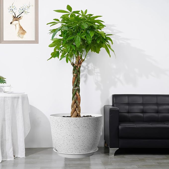 UOUZ 12inch Large Plant Pot, Modern Plastic Planter with High Driange Holes and Saucer for Indoor Outdoor Garden Plants and Flowers, White Speckles