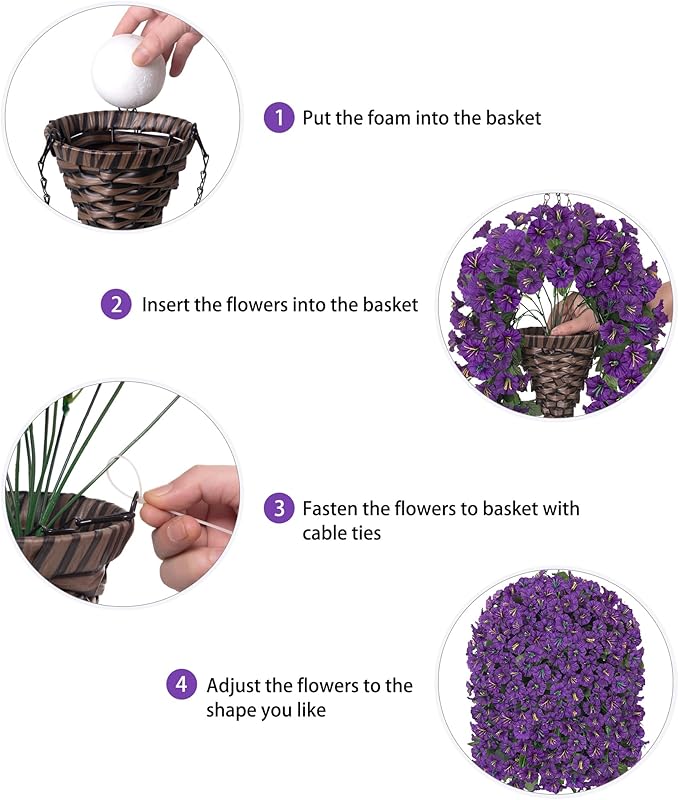 Artificial Fake Flowers Plants Hanging Baskets Outdoor Outside Spring Decor, Faux Silk Purple UV Resistant Look Real Morning Glory Home Patio Porch Balcony Decoration