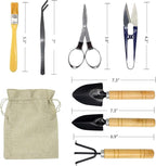 Bonsai Set 8 PCS-Mini Gardening Tools Kit for Indoor Outdoor Bonzai Include Pruner, Fold Scissors, Mini Rake, Tweezers, Cleaning Brush
