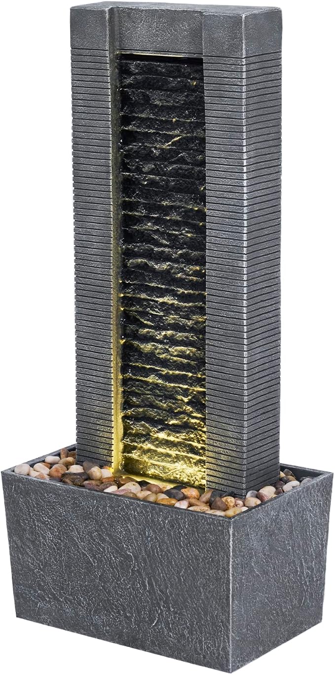 Teamson Home 29.25" Demeter Indoor/Outdoor Modern Waterfall Fountain with LED Lights, Black and Stone Gray