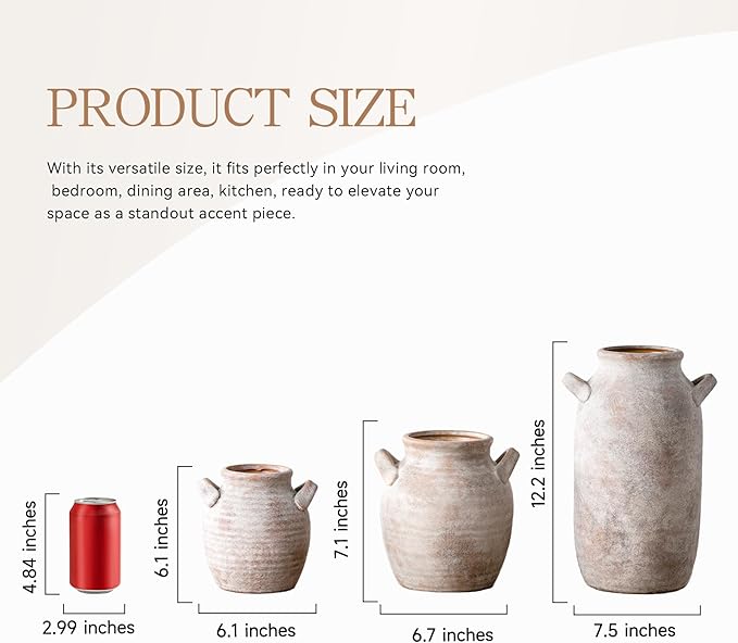 Large Flower Vase Home Decor - 12 inch Tall Ceramic Farmhouse Rustic Table Vases with Handle Living Room Decoration Decorative Modern Pottery for Floor Kitchen Shelf Coffee Dining Desk Fireplace