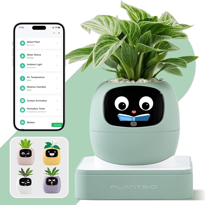 Smart Planter with App Control, Self-Watering AI Plant Pot with LCD Display, Interactive Desk Plant Companion for 100+ Plants, Smart Indoor Planter with Pomodoro Timer,80ml Reservoir,Calendar-Green