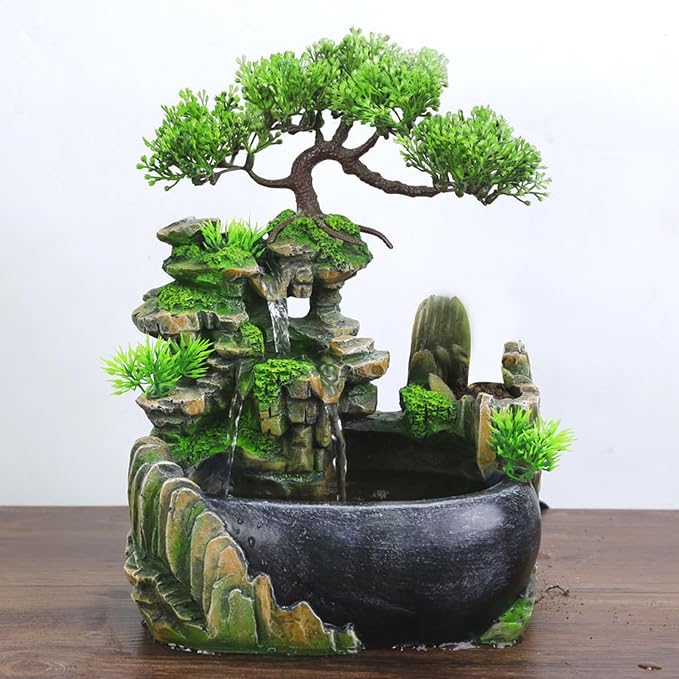 11-Inch Tabletop LED Waterfall Fountain with Atomizer – Quiet Resin Rockery Mist Humidifier for Bedroom, Office, Meditation or Gift Décor