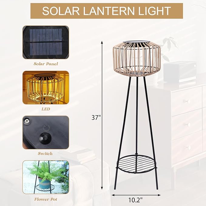 Outdoor Solar Rattan Floor Lamp with Plant Stands, Outdoor Patio Decor Plant Stand for Garden Porch Yard Pathway Driveway Porch