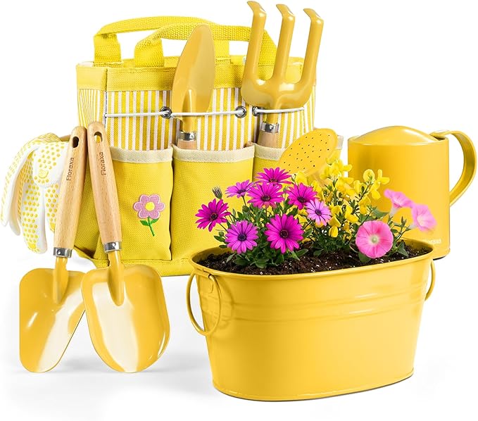 8Pcs Kids Gardening Set with Metal Basket & Real Metal Tools, STEM Outdoor Kit, Ergonomic Wooden Handles, 3 Shovels, Rake, Watering Can, Gloves, Tote Bag, Gift for Toddler Boys Girls, Yellow