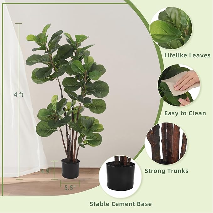 GlowSol Faux Fiddle Leaf Fig Tree, 4 Ft Artificial Ficus Lyrata Plant with 72 Fiddle Leaves, Fake Floor Plant in Pot for Indoor Outdoor Living Room House Office Bedroom Decor