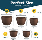 Planter Pots with Drainage Holes - Lightweight, Durable & Space-Saving Pots for Indoor and Outdoor - Versatile Functionality, Simple Modern Design, Set of 10 Plastic Planter Pots - Brown