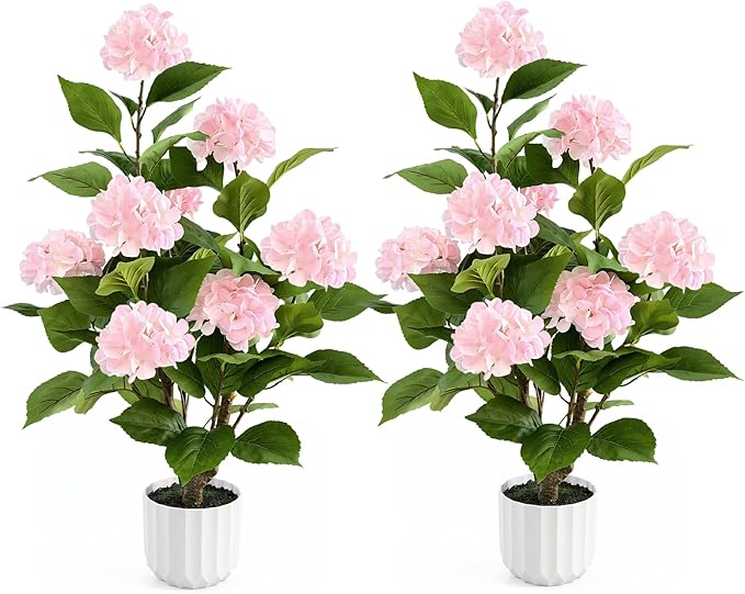 3FT Artificial Hydrangea Tree 2 Pack, Realistic Faux Hydrangea Plants in Pot with Pink Flowers, Lifelike Faux Greenery Home Indoor Outdoor Front Porch Garden or Wedding, Pink