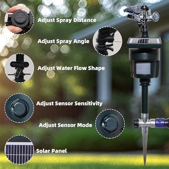 [2025 Upgraded] Yardeen Solar Motion Sensor Sprinkler, Adjustable Garden Water Sprayer with Stake. Day and Night Mode can be Selected