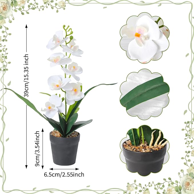 White Artificial Orchids Flowers in Pot, Faux Orchids Fake Flowers Potted Plants Real Touch Phalaenopsis Orchids Table Centerpiece for Home Living Room Bathroom Office Decor