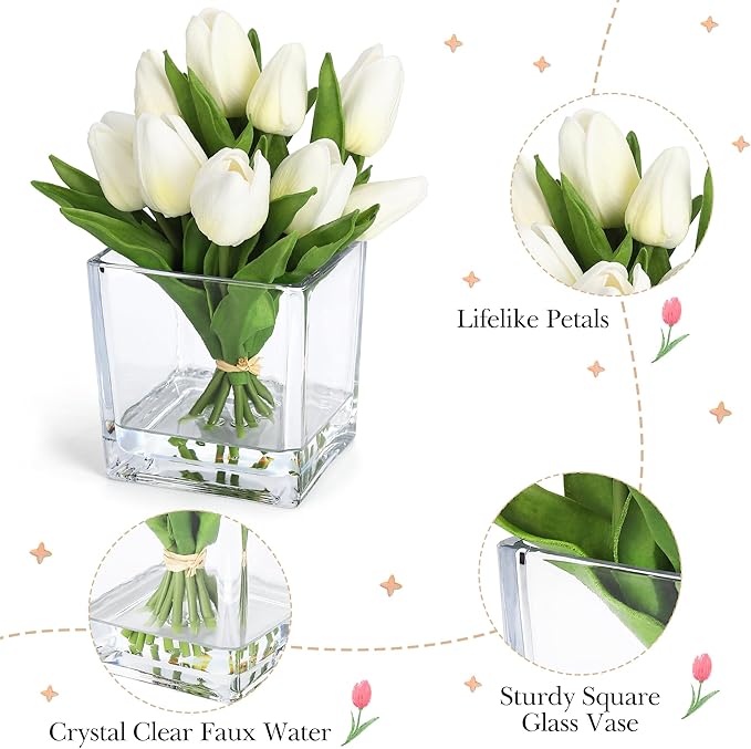 GarveeLife 12 Pcs Artificial Tulips Flowers, Real Touch Faux Tulip Stems for Vase, Home Kitchen Wedding Dining Table Decorations, Ideal Gift for Mother's Day, Easter, Valentine's Day (White)