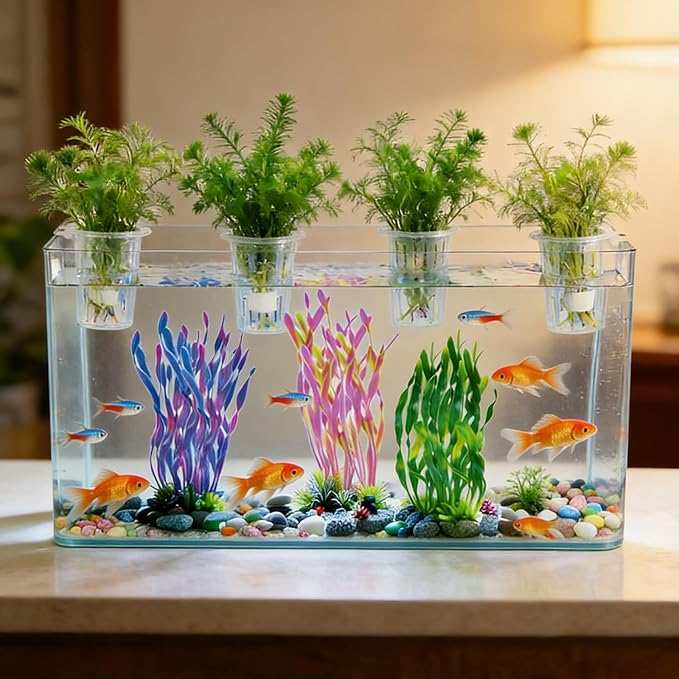 4 Pack Aquarium Plant Holder for Live Plants, Fish Tank Plant Holder with 24 Adjustable Hooks (3 Sizes) & 8 Aquarium Suction Cups, Plant Holder for Fish Tank for Pothos, Aquascape Decorations