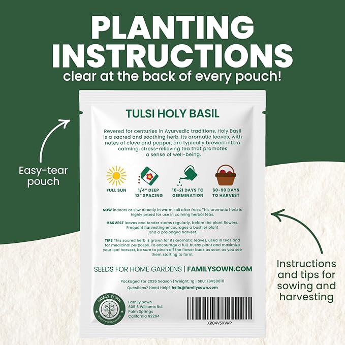 Tulsi Holy Basil – 3,250 Premium Seeds for Planting – Aromatic, Sacred, Vigorous Growth for the 2026 Season – 1 Gram Pouch