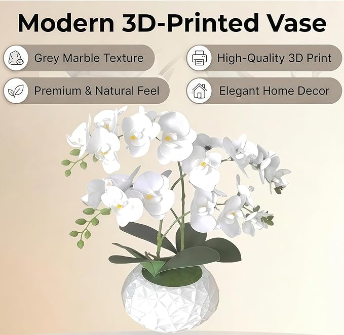Artificial Orchid with 3D Printed Vase, 24 Stems Realistic Fake Phalaenopsis, Adjustable Silk Flowers for Home Decor, Wedding Table Centerpieces, 2 Bunches + White
