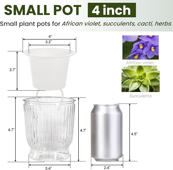 ZOOFOX 10 Pack Self Watering Pots, 4 Inch Small Plant Pots for Indoor Plants, Stripe Plastic Flower Pots for All House Plants, Herbs, Aloe, African Violets, Orchid