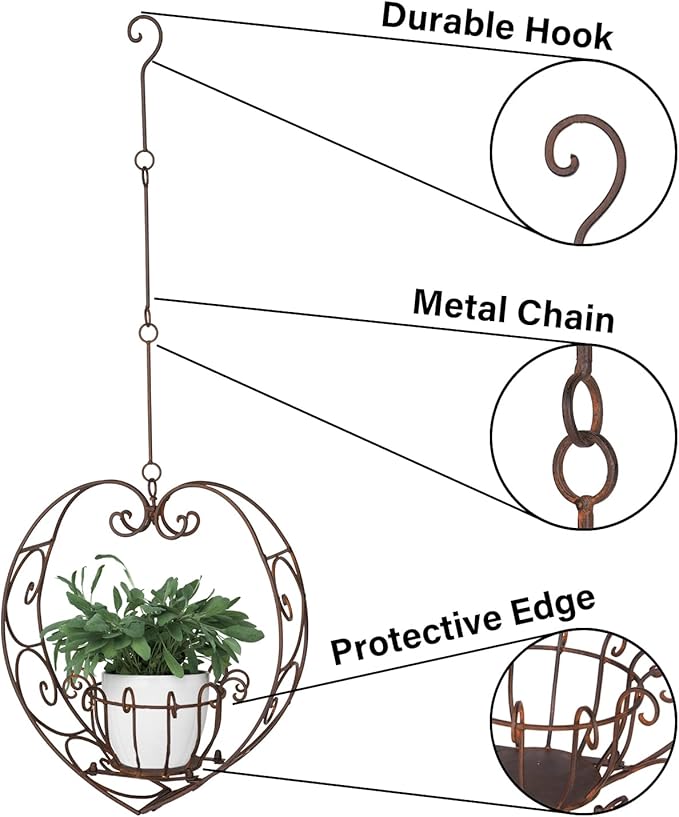 Hanging Plant Holder,Wrought Iron Heart Shape Plant Pot Holder, Indoor & Outdoor Hanging Planters Holder for Patio, Porch, Bedroom, Living Room（Raw Embroidery Color）