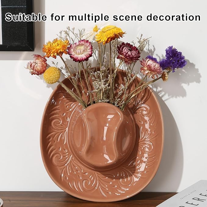 Hanging Wall Planters for Indoor Plants, Wall Vases for Flowers, Ceramic Cowboy Hat Vases for Decor, for Bathroom, Living Room, Office, and Home Decor. Brown