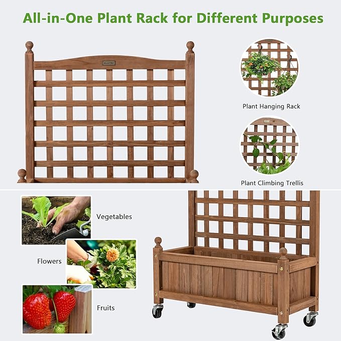 Giantex Set of 2 Mobile Plant Raised Bed, Wood Planter with Lattice Trellis and Wheels, Flower Box for Plant Climbing, Vertical Garden for Balcony Patio Yard, 25"x 11"x 32.5"