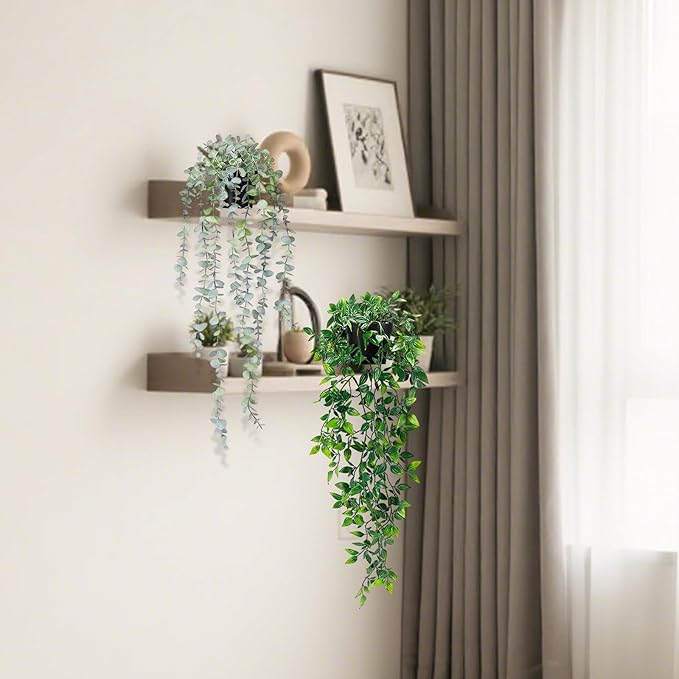 Clearain 2Pcs Fake Plants Hanging Artificial Decorations, Faux Potted Eucalyptus and Pea Pod Plants for Bathroom Home Office Desk Wall Shelf Bookcase Accessories Decor Indoor