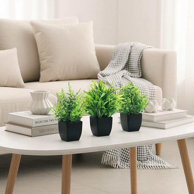 CEWOR Fake Plants 4 Packs Small Artificial Greenery Plants Mini Black Bathroom Accessories Decorations for Desk Bathroom Office Home Room Kitchen Table Decor Indoor