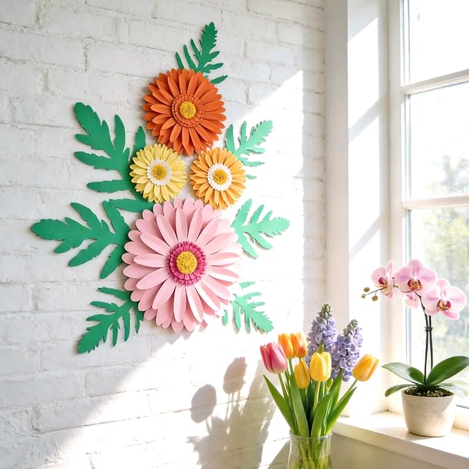 PAPER JAZZ Paper Flower Wall Decor, Handmade 3D Daisy Party Decoration Large Paper Flower in Pink, Orange, Yellow with Green Leaves, Modern Home Wall Art for Bulletin Board,Easter