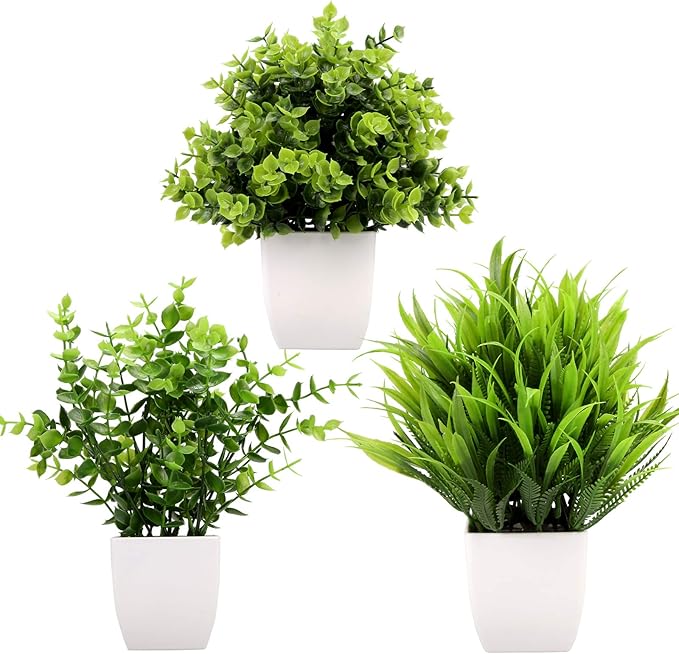 GREENTIME 3Pack Mini Fake Plants in Pots Artificial Plastic Eucalyptus Plant Wheat Grass Potted Faux Greenery Indoor for Office Desk Coffee Table Bathroom Bedroom Home Decorations